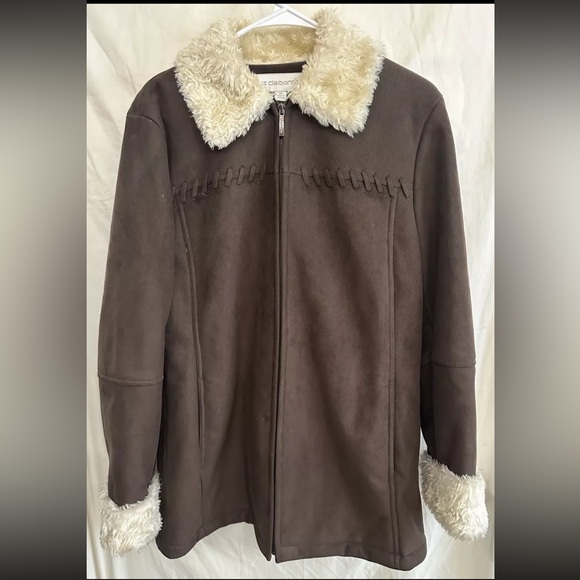 Liz Claiborne Coat Women’s Size Medium Brown Suede Faux Fur Lined - Picture 1 of 7